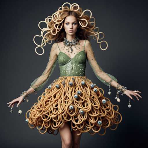 A woman is standing against a black background wearing an elaborate dress made entirely out of noodles and pearls. The dress has a green bodice with a sheer overlay that adds elegance to the overall design. The skirt is made up of numerous strands of noodles interspersed with pearls, creating a unique and eye-catching piece of clothing.