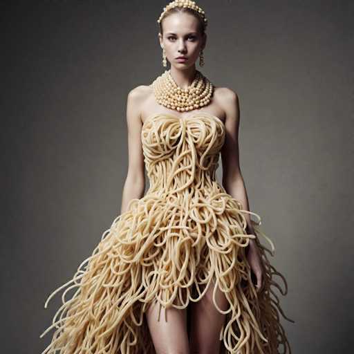 A woman is standing against a gray background wearing an elaborate dress made entirely out of spaghetti noodles and pearls. The dress has a long train that flows behind her as she poses for the photo.