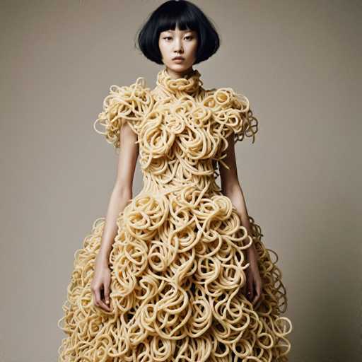 The image shows a woman standing against a plain gray background wearing an unconventional dress made entirely of spaghetti noodles. The dress is designed with multiple strands of spaghetti intertwined and twisted together, creating a unique and eye-catching outfit that stands out from traditional clothing.