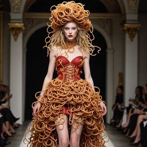 The image shows a model wearing an elaborate spaghetti-like dress with orange and red hues. The dress is designed to resemble noodles, creating a unique and eye-catching fashion statement. The model stands confidently on the runway, showcasing the intricate details of the dress. In the background, there are other models and people present in the scene, suggesting that this event may be part of a fashion show or exhibition.
The image does not contain any discernible text.