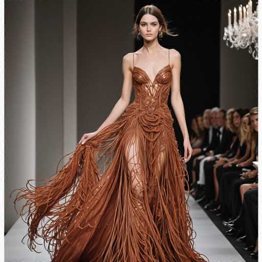 The image shows a model wearing an elaborate brown dress with long train and ruffles down the back. The dress has a high neckline and is designed with intricate lace detailing on the bodice. The model stands confidently in front of a group of people seated behind her, who appear to be watching her closely as she poses for the camera.
The background features a black wall adorned with chandeliers that cast a soft glow over the scene.