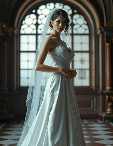 editorial fashion full body shot of a seductive young realistic android woman wearing a A-Line wedding dress with a veil, standing in a renaissance palace room. UHD, 8K, ultra detailed, cinematic, sharp focus, hyper-realistic, beautiful lighting, great composition, cutting-edge fashion.Steps: 5, Sampler: DPM++ 2M Trailing, Guidance Scale: 1.0, Seed: 681754274, Size: 896x1152, Model: flux_1_schnell_q8p.ckpt, Strength: 1.0, Seed Mode: Scale Alike, Upscaler: realesrgan_x2plus_f16.ckpt