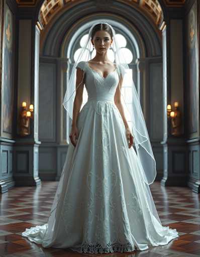 editorial fashion full body shot of a seductive young realistic android woman wearing a A-Line wedding dress with a veil, standing in a renaissance palace room. UHD, 8K, ultra detailed, cinematic, sharp focus, hyper-realistic, beautiful lighting, great composition, cutting-edge fashion.Steps: 5, Sampler: DPM++ 2M Trailing, Guidance Scale: 1.0, Seed: 522791151, Size: 896x1152, Model: flux_1_schnell_q8p.ckpt, Strength: 1.0, Seed Mode: Scale Alike, Upscaler: realesrgan_x2plus_f16.ckpt