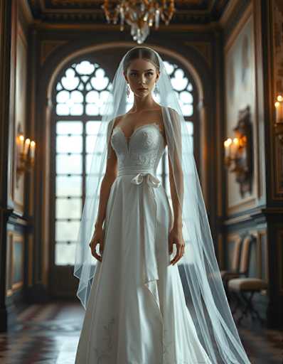 editorial fashion full body shot of a seductive young realistic android woman wearing a A-Line wedding dress with a veil, standing in a renaissance palace room. UHD, 8K, ultra detailed, cinematic, sharp focus, hyper-realistic, beautiful lighting, great composition, cutting-edge fashion.Steps: 5, Sampler: DPM++ 2M Trailing, Guidance Scale: 1.0, Seed: 1111745663, Size: 896x1152, Model: flux_1_schnell_q8p.ckpt, Strength: 1.0, Seed Mode: Scale Alike, Upscaler: realesrgan_x2plus_f16.ckpt