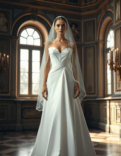 editorial fashion full body shot of a seductive young realistic android woman wearing a A-Line wedding dress with a veil, standing in a renaissance palace room. UHD, 8K, ultra detailed, cinematic, sharp focus, hyper-realistic, beautiful lighting, great composition, cutting-edge fashion.Steps: 5, Sampler: DPM++ 2M Trailing, Guidance Scale: 1.0, Seed: 2748087474, Size: 896x1152, Model: flux_1_schnell_q8p.ckpt, Strength: 1.0, Seed Mode: Scale Alike, Upscaler: realesrgan_x2plus_f16.ckpt