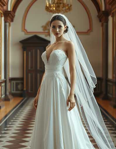 editorial fashion full body shot of a seductive young realistic android woman wearing a A-Line wedding dress with a veil, standing in a renaissance palace room. UHD, 8K, ultra detailed, cinematic, sharp focus, hyper-realistic, beautiful lighting, great composition, cutting-edge fashion.Steps: 5, Sampler: DPM++ 2M Trailing, Guidance Scale: 1.0, Seed: 1055707646, Size: 896x1152, Model: flux_1_schnell_q8p.ckpt, Strength: 1.0, Seed Mode: Scale Alike, Upscaler: realesrgan_x2plus_f16.ckpt