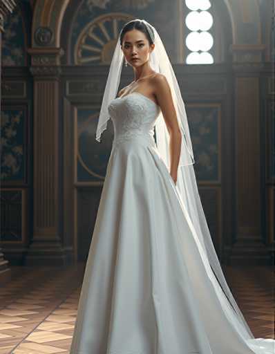 editorial fashion full body shot of a seductive young realistic android woman wearing a A-Line wedding dress with a veil, standing in a renaissance palace room. UHD, 8K, ultra detailed, cinematic, sharp focus, hyper-realistic, beautiful lighting, great composition, cutting-edge fashion.Steps: 5, Sampler: DPM++ 2M Trailing, Guidance Scale: 1.0, Seed: 445418067, Size: 896x1152, Model: flux_1_schnell_q8p.ckpt, Strength: 1.0, Seed Mode: Scale Alike, Upscaler: realesrgan_x2plus_f16.ckpt