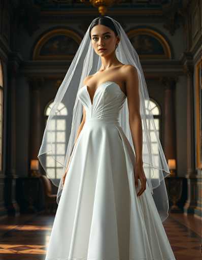 editorial fashion full body shot of a seductive young realistic android woman wearing a A-Line wedding dress with a veil, standing in a renaissance palace room. UHD, 8K, ultra detailed, cinematic, sharp focus, hyper-realistic, beautiful lighting, great composition, cutting-edge fashion.Steps: 5, Sampler: DPM++ 2M Trailing, Guidance Scale: 1.0, Seed: 3229382589, Size: 896x1152, Model: flux_1_schnell_q8p.ckpt, Strength: 1.0, Seed Mode: Scale Alike, Upscaler: realesrgan_x2plus_f16.ckpt