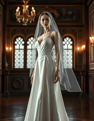 editorial fashion full body shot of a seductive young realistic android woman wearing a A-Line wedding dress with a veil, standing in a renaissance palace room. UHD, 8K, ultra detailed, cinematic, sharp focus, hyper-realistic, beautiful lighting, great composition, cutting-edge fashion.Steps: 5, Sampler: DPM++ 2M Trailing, Guidance Scale: 1.0, Seed: 1873408475, Size: 896x1152, Model: flux_1_schnell_q8p.ckpt, Strength: 1.0, Seed Mode: Scale Alike, Upscaler: realesrgan_x2plus_f16.ckpt