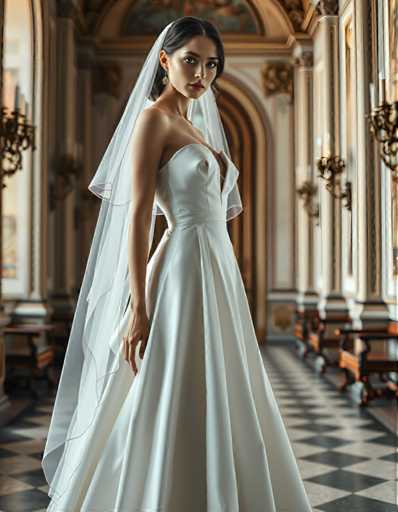 editorial fashion full body shot of a seductive young realistic android woman wearing a A-Line wedding dress with a veil, standing in a renaissance palace room. UHD, 8K, ultra detailed, cinematic, sharp focus, hyper-realistic, beautiful lighting, great composition, cutting-edge fashion.Steps: 5, Sampler: DPM++ 2M Trailing, Guidance Scale: 1.0, Seed: 3757902344, Size: 896x1152, Model: flux_1_schnell_q8p.ckpt, Strength: 1.0, Seed Mode: Scale Alike, Upscaler: realesrgan_x2plus_f16.ckpt