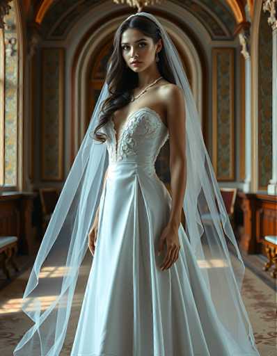 editorial fashion full body shot of a seductive young realistic android woman wearing a A-Line wedding dress with a veil, standing in a renaissance palace room. UHD, 8K, ultra detailed, cinematic, sharp focus, hyper-realistic, beautiful lighting, great composition, cutting-edge fashion.Steps: 5, Sampler: DPM++ 2M Trailing, Guidance Scale: 1.0, Seed: 4078131632, Size: 896x1152, Model: flux_1_schnell_q8p.ckpt, Strength: 1.0, Seed Mode: Scale Alike, Upscaler: realesrgan_x2plus_f16.ckpt