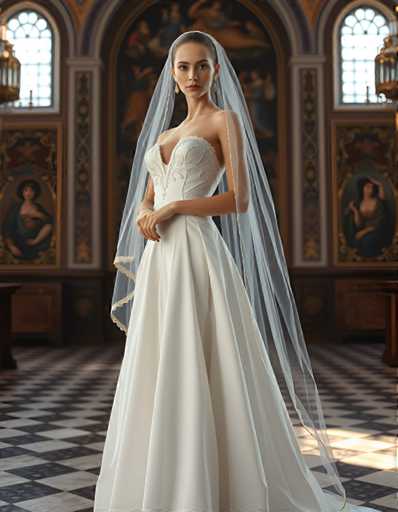 editorial fashion full body shot of a seductive young realistic android woman wearing a A-Line wedding dress with a veil, standing in a renaissance palace room. UHD, 8K, ultra detailed, cinematic, sharp focus, hyper-realistic, beautiful lighting, great composition, cutting-edge fashion.Steps: 5, Sampler: DPM++ 2M Trailing, Guidance Scale: 1.0, Seed: 488146645, Size: 896x1152, Model: flux_1_schnell_q8p.ckpt, Strength: 1.0, Seed Mode: Scale Alike, Upscaler: realesrgan_x2plus_f16.ckpt