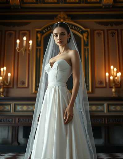 editorial fashion full body shot of a seductive young realistic android woman wearing a A-Line wedding dress with a veil, standing in a renaissance palace room. UHD, 8K, ultra detailed, cinematic, sharp focus, hyper-realistic, beautiful lighting, great composition, cutting-edge fashion.Steps: 5, Sampler: DPM++ 2M Trailing, Guidance Scale: 1.0, Seed: 1052455287, Size: 896x1152, Model: flux_1_schnell_q8p.ckpt, Strength: 1.0, Seed Mode: Scale Alike, Upscaler: realesrgan_x2plus_f16.ckpt