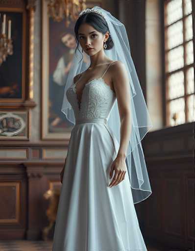 editorial fashion full body shot of a seductive young realistic android woman wearing a A-Line wedding dress with a veil, standing in a renaissance palace room. UHD, 8K, ultra detailed, cinematic, sharp focus, hyper-realistic, beautiful lighting, great composition, cutting-edge fashion.Steps: 5, Sampler: DPM++ 2M Trailing, Guidance Scale: 1.0, Seed: 2304173399, Size: 896x1152, Model: flux_1_schnell_q8p.ckpt, Strength: 1.0, Seed Mode: Scale Alike, Upscaler: realesrgan_x2plus_f16.ckpt