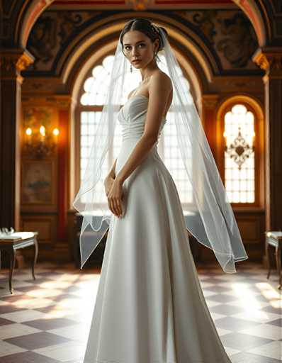 editorial fashion full body shot of a seductive young realistic android woman wearing a A-Line wedding dress with a veil, standing in a renaissance palace room. UHD, 8K, ultra detailed, cinematic, sharp focus, hyper-realistic, beautiful lighting, great composition, cutting-edge fashion.Steps: 5, Sampler: DPM++ 2M Trailing, Guidance Scale: 1.0, Seed: 1432778685, Size: 896x1152, Model: flux_1_schnell_q8p.ckpt, Strength: 1.0, Seed Mode: Scale Alike, Upscaler: realesrgan_x2plus_f16.ckpt