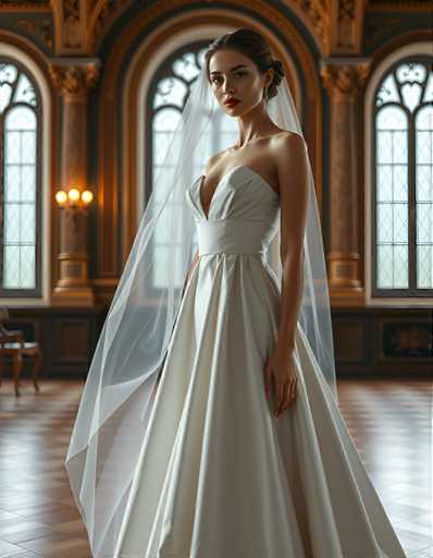 editorial fashion full body shot of a seductive young realistic android woman wearing a A-Line wedding dress with a veil, standing in a renaissance palace room. UHD, 8K, ultra detailed, cinematic, sharp focus, hyper-realistic, beautiful lighting, great composition, cutting-edge fashion.Steps: 5, Sampler: DPM++ 2M Trailing, Guidance Scale: 1.0, Seed: 1349097177, Size: 896x1152, Model: flux_1_schnell_q8p.ckpt, Strength: 1.0, Seed Mode: Scale Alike, Upscaler: realesrgan_x2plus_f16.ckpt