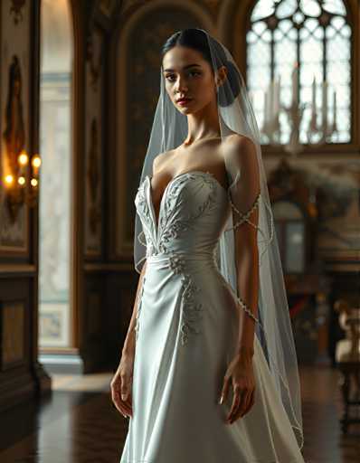 editorial fashion full body shot of a seductive young realistic android woman wearing a A-Line wedding dress with a veil, standing in a renaissance palace room. UHD, 8K, ultra detailed, cinematic, sharp focus, hyper-realistic, beautiful lighting, great composition, cutting-edge fashion.Steps: 5, Sampler: DPM++ 2M Trailing, Guidance Scale: 1.0, Seed: 1244289693, Size: 896x1152, Model: flux_1_schnell_q8p.ckpt, Strength: 1.0, Seed Mode: Scale Alike, Upscaler: realesrgan_x2plus_f16.ckpt