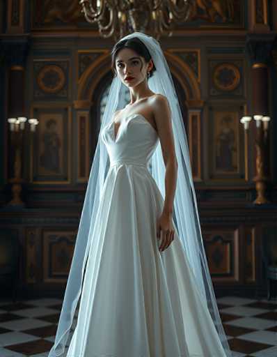 editorial fashion full body shot of a seductive young realistic android woman wearing a A-Line wedding dress with a veil, standing in a renaissance palace room. UHD, 8K, ultra detailed, cinematic, sharp focus, hyper-realistic, beautiful lighting, great composition, cutting-edge fashion.Steps: 5, Sampler: DPM++ 2M Trailing, Guidance Scale: 1.0, Seed: 4097495485, Size: 896x1152, Model: flux_1_schnell_q8p.ckpt, Strength: 1.0, Seed Mode: Scale Alike, Upscaler: realesrgan_x2plus_f16.ckpt