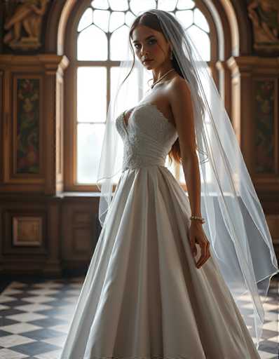 editorial fashion full body shot of a seductive young realistic android woman wearing a A-Line wedding dress with a veil, standing in a renaissance palace room. UHD, 8K, ultra detailed, cinematic, sharp focus, hyper-realistic, beautiful lighting, great composition, cutting-edge fashion.Steps: 5, Sampler: DPM++ 2M Trailing, Guidance Scale: 1.0, Seed: 887256960, Size: 896x1152, Model: flux_1_schnell_q8p.ckpt, Strength: 1.0, Seed Mode: Scale Alike, Upscaler: realesrgan_x2plus_f16.ckpt