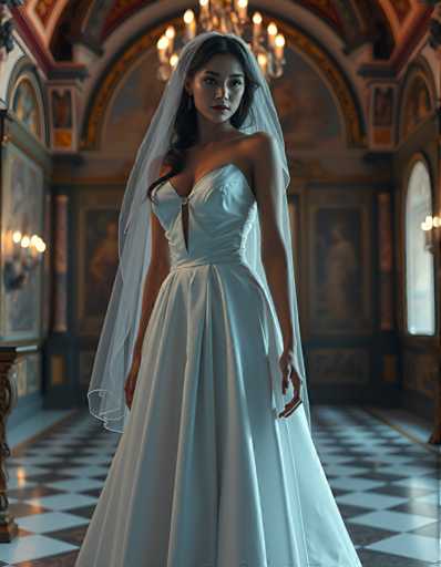 editorial fashion full body shot of a seductive young realistic android woman wearing a A-Line wedding dress with a veil, standing in a renaissance palace room. UHD, 8K, ultra detailed, cinematic, sharp focus, hyper-realistic, beautiful lighting, great composition, cutting-edge fashion.Steps: 5, Sampler: DPM++ 2M Trailing, Guidance Scale: 1.0, Seed: 1311183239, Size: 896x1152, Model: flux_1_schnell_q8p.ckpt, Strength: 1.0, Seed Mode: Scale Alike, Upscaler: realesrgan_x2plus_f16.ckpt