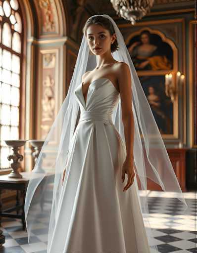 editorial fashion full body shot of a seductive young realistic android woman wearing a A-Line wedding dress with a veil, standing in a renaissance palace room. UHD, 8K, ultra detailed, cinematic, sharp focus, hyper-realistic, beautiful lighting, great composition, cutting-edge fashion.Steps: 5, Sampler: DPM++ 2M Trailing, Guidance Scale: 1.0, Seed: 3310998437, Size: 896x1152, Model: flux_1_schnell_q8p.ckpt, Strength: 1.0, Seed Mode: Scale Alike, Upscaler: realesrgan_x2plus_f16.ckpt