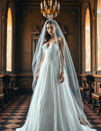 editorial fashion full body shot of a seductive young realistic android woman wearing a A-Line wedding dress with a veil, standing in a renaissance palace room. UHD, 8K, ultra detailed, cinematic, sharp focus, hyper-realistic, beautiful lighting, great composition, cutting-edge fashion.Steps: 5, Sampler: DPM++ 2M Trailing, Guidance Scale: 1.0, Seed: 2091805525, Size: 896x1152, Model: flux_1_schnell_q8p.ckpt, Strength: 1.0, Seed Mode: Scale Alike, Upscaler: realesrgan_x2plus_f16.ckpt