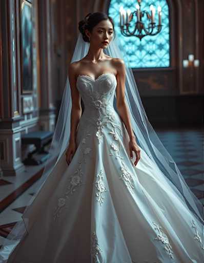 editorial fashion full body shot of a seductive android young woman wearing a ball gown wedding dress with a veil, standing in a Venetian palace room. UHD, 8K, ultra detailed, cinematic, sharp focus, hyper-realistic, beautiful lighting, great composition.Steps: 5, Sampler: DPM++ 2M Trailing, Guidance Scale: 1.0, Seed: 2692954725, Size: 896x1152, Model: flux_1_schnell_q8p.ckpt, Strength: 1.0, Seed Mode: Scale Alike, Upscaler: realesrgan_x2plus_f16.ckpt