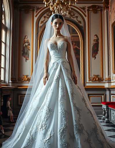 editorial fashion full body shot of a seductive young realistic android woman wearing a ball gown wedding dress with a veil, standing in a Venetian palace room. UHD, 8K, ultra detailed, cinematic, sharp focus, hyper-realistic, beautiful lighting, great composition, cutting-edge fashion.Steps: 5, Sampler: DPM++ 2M Trailing, Guidance Scale: 1.0, Seed: 1194383677, Size: 896x1152, Model: flux_1_schnell_q8p.ckpt, Strength: 1.0, Seed Mode: Scale Alike, Upscaler: realesrgan_x2plus_f16.ckpt