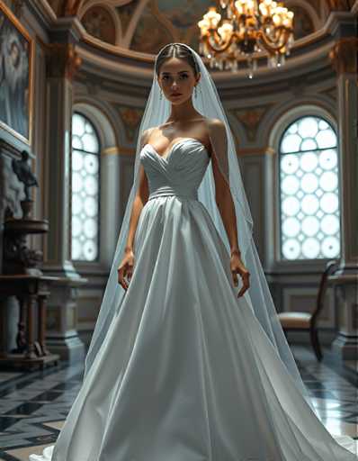 editorial fashion full body shot of a seductive young realistic android woman wearing a ball gown wedding dress with a veil, standing in a Venetian palace room. UHD, 8K, ultra detailed, cinematic, sharp focus, hyper-realistic, beautiful lighting, great composition, cutting-edge fashion.Steps: 5, Sampler: DPM++ 2M Trailing, Guidance Scale: 1.0, Seed: 640857191, Size: 896x1152, Model: flux_1_schnell_q8p.ckpt, Strength: 1.0, Seed Mode: Scale Alike, Upscaler: realesrgan_x2plus_f16.ckpt