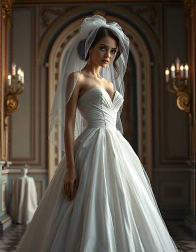 editorial fashion full body shot of a seductive young realistic android woman wearing a ball gown wedding dress with a veil, standing in a Venetian palace room. UHD, 8K, ultra detailed, cinematic, sharp focus, hyper-realistic, beautiful lighting, great composition, cutting-edge fashion.Steps: 5, Sampler: DPM++ 2M Trailing, Guidance Scale: 1.0, Seed: 2458692873, Size: 896x1152, Model: flux_1_schnell_q8p.ckpt, Strength: 1.0, Seed Mode: Scale Alike, Upscaler: realesrgan_x2plus_f16.ckpt