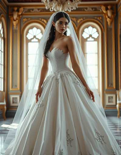 editorial fashion full body shot of a seductive young realistic android woman wearing a ball gown wedding dress with a veil, standing in a Venetian palace room. UHD, 8K, ultra detailed, cinematic, sharp focus, hyper-realistic, beautiful lighting, great composition, cutting-edge fashion.Steps: 5, Sampler: DPM++ 2M Trailing, Guidance Scale: 1.0, Seed: 734183978, Size: 896x1152, Model: flux_1_schnell_q8p.ckpt, Strength: 1.0, Seed Mode: Scale Alike, Upscaler: realesrgan_x2plus_f16.ckpt