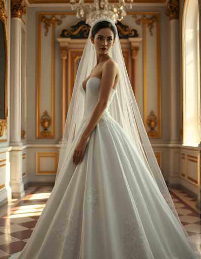 editorial fashion full body shot of a seductive young realistic android woman wearing a ball gown wedding dress with a veil, standing in a Venetian palace room. UHD, 8K, ultra detailed, cinematic, sharp focus, hyper-realistic, beautiful lighting, great composition, cutting-edge fashion.Steps: 5, Sampler: DPM++ 2M Trailing, Guidance Scale: 1.0, Seed: 57722569, Size: 896x1152, Model: flux_1_schnell_q8p.ckpt, Strength: 1.0, Seed Mode: Scale Alike, Upscaler: realesrgan_x2plus_f16.ckpt