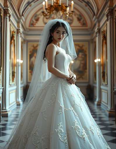 editorial fashion full body shot of a seductive young realistic android woman wearing a ball gown wedding dress with a veil, standing in a Venetian palace room. UHD, 8K, ultra detailed, cinematic, sharp focus, hyper-realistic, beautiful lighting, great composition, cutting-edge fashion.Steps: 5, Sampler: DPM++ 2M Trailing, Guidance Scale: 1.0, Seed: 3117852004, Size: 896x1152, Model: flux_1_schnell_q8p.ckpt, Strength: 1.0, Seed Mode: Scale Alike, Upscaler: realesrgan_x2plus_f16.ckpt