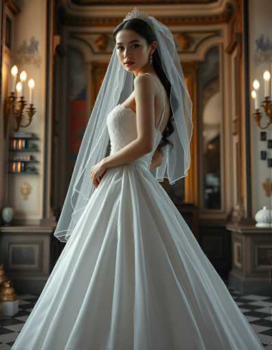 editorial fashion full body shot of a seductive young realistic android woman wearing a ball gown wedding dress with a veil, standing in a Venetian palace room. UHD, 8K, ultra detailed, cinematic, sharp focus, hyper-realistic, beautiful lighting, great composition, cutting-edge fashion.Steps: 5, Sampler: DPM++ 2M Trailing, Guidance Scale: 1.0, Seed: 3741168118, Size: 896x1152, Model: flux_1_schnell_q8p.ckpt, Strength: 1.0, Seed Mode: Scale Alike, Upscaler: realesrgan_x2plus_f16.ckpt