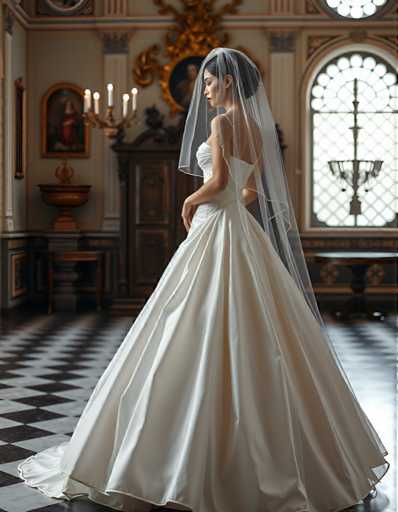 editorial fashion full body shot of a seductive young realistic android woman wearing a ball gown wedding dress with a veil, standing in a Venetian palace room. UHD, 8K, ultra detailed, cinematic, sharp focus, hyper-realistic, beautiful lighting, great composition, cutting-edge fashion.Steps: 5, Sampler: DPM++ 2M Trailing, Guidance Scale: 1.0, Seed: 1890318199, Size: 896x1152, Model: flux_1_schnell_q8p.ckpt, Strength: 1.0, Seed Mode: Scale Alike, Upscaler: realesrgan_x2plus_f16.ckpt