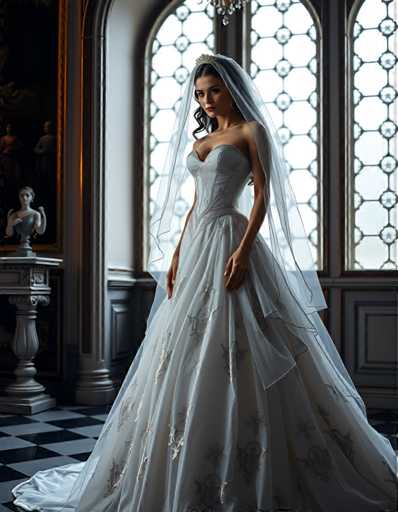 editorial fashion full body shot of a seductive android young woman wearing a ball gown wedding dress with a veil, standing in a Venetian palace room. UHD, 8K, ultra detailed, cinematic, sharp focus, hyper-realistic, beautiful lighting, great composition.Steps: 5, Sampler: DPM++ 2M Trailing, Guidance Scale: 1.0, Seed: 1043384770, Size: 896x1152, Model: flux_1_schnell_q8p.ckpt, Strength: 1.0, Seed Mode: Scale Alike, Upscaler: realesrgan_x2plus_f16.ckpt