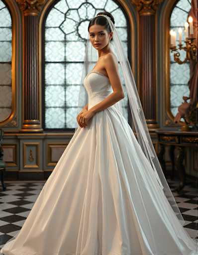 editorial fashion full body shot of a seductive young realistic android woman wearing a ball gown wedding dress with a veil, standing in a Venetian palace room. UHD, 8K, ultra detailed, cinematic, sharp focus, hyper-realistic, beautiful lighting, great composition.Steps: 5, Sampler: DPM++ 2M Trailing, Guidance Scale: 1.0, Seed: 2662955944, Size: 896x1152, Model: flux_1_schnell_q8p.ckpt, Strength: 1.0, Seed Mode: Scale Alike, Upscaler: realesrgan_x2plus_f16.ckpt