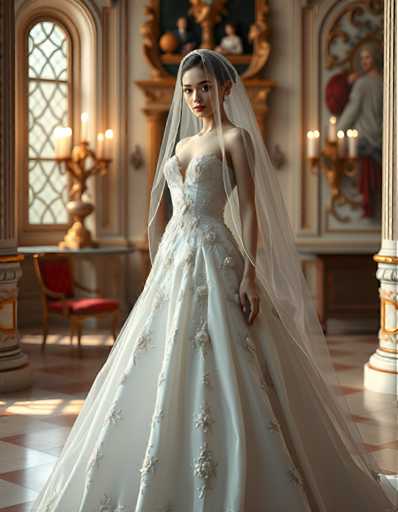 editorial fashion full body shot of a seductive young realistic android woman wearing a ball gown wedding dress with a veil, standing in a Venetian palace room. UHD, 8K, ultra detailed, cinematic, sharp focus, hyper-realistic, beautiful lighting, great composition, cutting-edge fashion.Steps: 5, Sampler: DPM++ 2M Trailing, Guidance Scale: 1.0, Seed: 1329771814, Size: 896x1152, Model: flux_1_schnell_q8p.ckpt, Strength: 1.0, Seed Mode: Scale Alike, Upscaler: realesrgan_x2plus_f16.ckpt