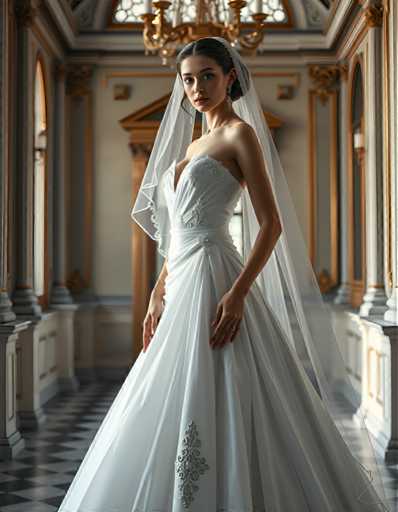 editorial fashion full body shot of a seductive young realistic android woman wearing a ball gown wedding dress with a veil, standing in a Venetian palace room. UHD, 8K, ultra detailed, cinematic, sharp focus, hyper-realistic, beautiful lighting, great composition, cutting-edge fashion.Steps: 5, Sampler: DPM++ 2M Trailing, Guidance Scale: 1.0, Seed: 3337034485, Size: 896x1152, Model: flux_1_schnell_q8p.ckpt, Strength: 1.0, Seed Mode: Scale Alike, Upscaler: realesrgan_x2plus_f16.ckpt