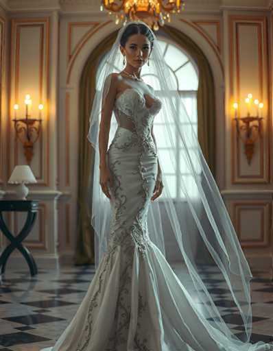 full body shot of a seductive young realistic android woman wearing a mermaid wedding gown and a veil, standing in a art-deco palace room. UHD, 8K, ultra detailed, cinematic, sharp focus, hyper-realistic, beautiful lighting, great composition, high fashion.Steps: 5, Sampler: Euler A Trailing, Guidance Scale: 1.0, Seed: 2263511560, Size: 896x1152, Model: flux_1_schnell_q8p.ckpt, Strength: 1.0, Seed Mode: Scale Alike, Upscaler: realesrgan_x2plus_f16.ckpt