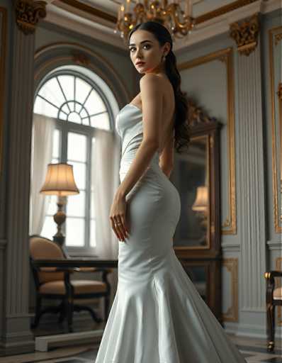 editorial fashion full body shot of a seductive young realistic android woman wearing a Fishtail  wedding gown, standing in a art-deco palace room. UHD, 8K, ultra detailed, cinematic, sharp focus, hyper-realistic, beautiful lighting, great composition, high fashion.Steps: 5, Sampler: DPM++ 2M Trailing, Guidance Scale: 1.0, Seed: 216494972, Size: 896x1152, Model: flux_1_schnell_q8p.ckpt, Strength: 1.0, Seed Mode: Scale Alike, Upscaler: realesrgan_x2plus_f16.ckpt