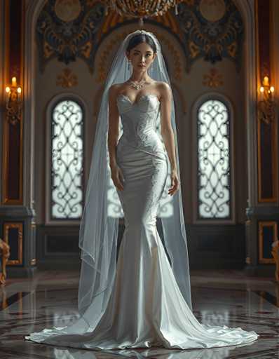 full body shot of a seductive young realistic android woman wearing a mermaid wedding gown and a veil, standing in a art-deco palace room. UHD, 8K, ultra detailed, cinematic, sharp focus, hyper-realistic, beautiful lighting, great composition, high fashion.Steps: 5, Sampler: Euler A Trailing, Guidance Scale: 1.0, Seed: 3720994301, Size: 896x1152, Model: flux_1_schnell_q8p.ckpt, Strength: 1.0, Seed Mode: Scale Alike, Upscaler: realesrgan_x2plus_f16.ckpt