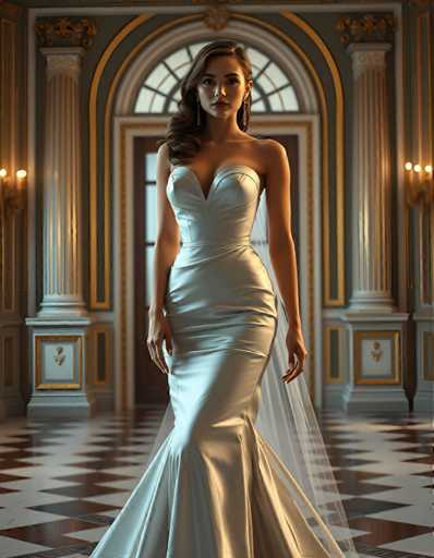 editorial fashion full body shot of a seductive young realistic android woman wearing a Fishtail  wedding gown, standing in a art-deco palace room. UHD, 8K, ultra detailed, cinematic, sharp focus, hyper-realistic, beautiful lighting, great composition, high fashion.Steps: 5, Sampler: DPM++ 2M Trailing, Guidance Scale: 1.0, Seed: 2226562395, Size: 896x1152, Model: flux_1_schnell_q8p.ckpt, Strength: 1.0, Seed Mode: Scale Alike, Upscaler: realesrgan_x2plus_f16.ckpt