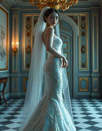 full body shot of a seductive young realistic android woman wearing a mermaid wedding gown and a veil, standing in a art-deco palace room. UHD, 8K, ultra detailed, cinematic, sharp focus, hyper-realistic, beautiful lighting, great composition, high fashion.Steps: 5, Sampler: DPM++ 2M Trailing, Guidance Scale: 1.0, Seed: 3625324281, Size: 896x1152, Model: flux_1_schnell_q8p.ckpt, Strength: 1.0, Seed Mode: Scale Alike, Upscaler: realesrgan_x2plus_f16.ckpt