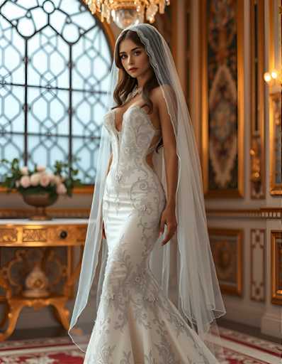 full body shot of a seductive young realistic android woman wearing a mermaid wedding gown and a veil, standing in a art-deco palace room. UHD, 8K, ultra detailed, cinematic, sharp focus, hyper-realistic, beautiful lighting, great composition, high fashion.Steps: 5, Sampler: DPM++ 2M Trailing, Guidance Scale: 1.0, Seed: 3569688288, Size: 896x1152, Model: flux_1_schnell_q8p.ckpt, Strength: 1.0, Seed Mode: Scale Alike, Upscaler: realesrgan_x2plus_f16.ckpt