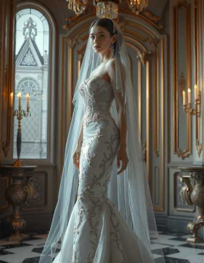 full body shot of a seductive young realistic android woman wearing a mermaid wedding gown and a veil, standing in a art-deco palace room. UHD, 8K, ultra detailed, cinematic, sharp focus, hyper-realistic, beautiful lighting, great composition, high fashion.Steps: 5, Sampler: Euler A Trailing, Guidance Scale: 1.0, Seed: 2627246237, Size: 896x1152, Model: flux_1_schnell_q8p.ckpt, Strength: 1.0, Seed Mode: Scale Alike, Upscaler: realesrgan_x2plus_f16.ckpt