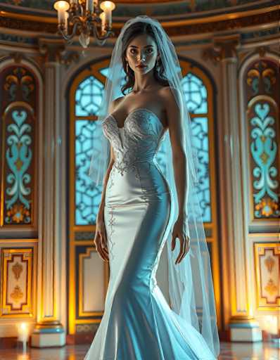 full body shot of a seductive young realistic android woman wearing a mermaid wedding gown and a veil, standing in a art-deco palace room. UHD, 8K, ultra detailed, cinematic, sharp focus, hyper-realistic, beautiful lighting, great composition, high fashion.Steps: 5, Sampler: DPM++ 2M Trailing, Guidance Scale: 1.0, Seed: 2001685113, Size: 896x1152, Model: flux_1_schnell_q8p.ckpt, Strength: 1.0, Seed Mode: Scale Alike, Upscaler: realesrgan_x2plus_f16.ckpt