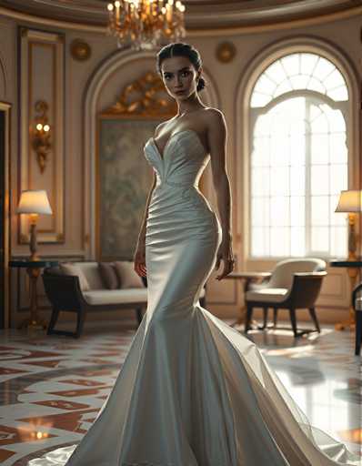 editorial fashion full body shot of a seductive young realistic android woman wearing a Fishtail  wedding gown, standing in a art-deco palace room. UHD, 8K, ultra detailed, cinematic, sharp focus, hyper-realistic, beautiful lighting, great composition, high fashion.Steps: 5, Sampler: DPM++ 2M Trailing, Guidance Scale: 1.0, Seed: 4085186091, Size: 896x1152, Model: flux_1_schnell_q8p.ckpt, Strength: 1.0, Seed Mode: Scale Alike, Upscaler: realesrgan_x2plus_f16.ckpt