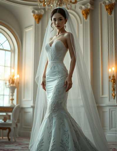 full body shot of a seductive young realistic android woman wearing a mermaid wedding gown and a veil, standing in a art-deco palace room. UHD, 8K, ultra detailed, cinematic, sharp focus, hyper-realistic, beautiful lighting, great composition, high fashion.Steps: 5, Sampler: DPM++ 2M Trailing, Guidance Scale: 1.0, Seed: 621437425, Size: 896x1152, Model: flux_1_schnell_q8p.ckpt, Strength: 1.0, Seed Mode: Scale Alike, Upscaler: realesrgan_x2plus_f16.ckpt