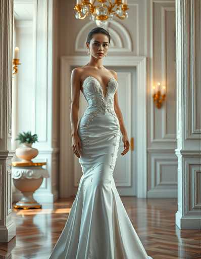 editorial fashion full body shot of a seductive young realistic android woman wearing a Fishtail  wedding gown, standing in a art-deco palace room. UHD, 8K, ultra detailed, cinematic, sharp focus, hyper-realistic, beautiful lighting, great composition, high fashion.Steps: 5, Sampler: DPM++ 2M Trailing, Guidance Scale: 1.0, Seed: 3013133624, Size: 896x1152, Model: flux_1_schnell_q8p.ckpt, Strength: 1.0, Seed Mode: Scale Alike, Upscaler: realesrgan_x2plus_f16.ckpt